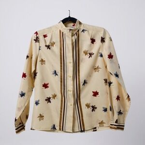 Vintage Womens Cream Leaf Print Button Up Blouse Shirt Long Sleeve Collar‎ 7/8